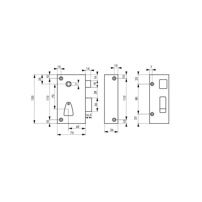 Thirard - serrure verticale en applique 6 gorges à fouillot pour entrée, droite, axe 45mm, carré 7mm, 75x130mm, noir, 2 clés