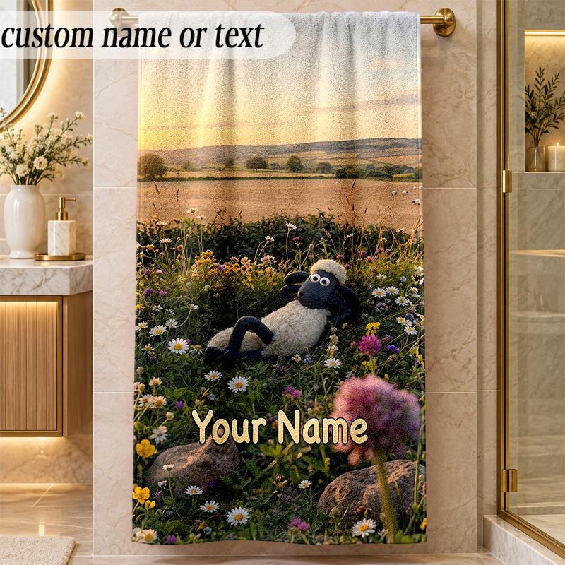 Beach TowelShaun the Sheep Custom Name Text Personalized Soft Towel for Beach Pool Indoor Home Decor Gift