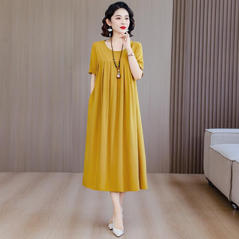 Elegant Cotton-Silk Floral Dress for Mature Women - Summer 2026 Loose Fit XXL (120-140 lbs)