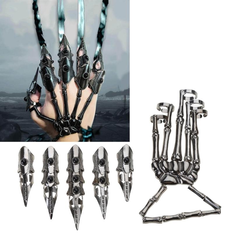 Gotycki Punk Rękawica Ręka Szkieletu Regulowany Metalowy Pazur Palca Szkielet Pełne Pierścienie na Palce na Halloween Cosplay i Imprezę