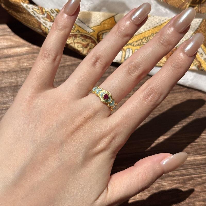 Vintage Retro Blue Flower Enamel Drip Glaze Ruby Ring Chinese Elegant And Noble Court Style Index Finger Ring