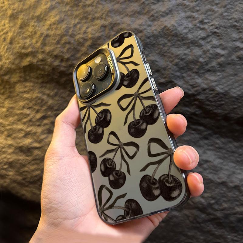 Black Cherry Bow Electroplate Silver IMD Phone Case For  Mi 14 13 12 13T 14T Pro 11 Lite NE Poco F6 X5 X6 M6 Pro 4G Cover