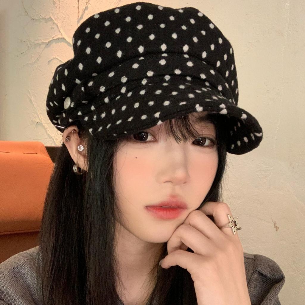 Autumn Temperament Versatile Polka Dot Beret Female Korean Retro Literary Painter Hat Woolen Octagonal Hat Newsboy Hat