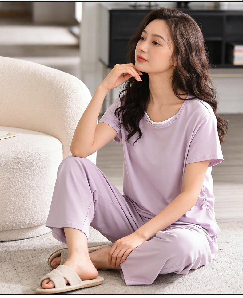 2026 Ultra-Soft Women's Summer Pajamas with Built-in Bra Pads, Short Sleeve & Long Pants, Fake Two-Piece Design