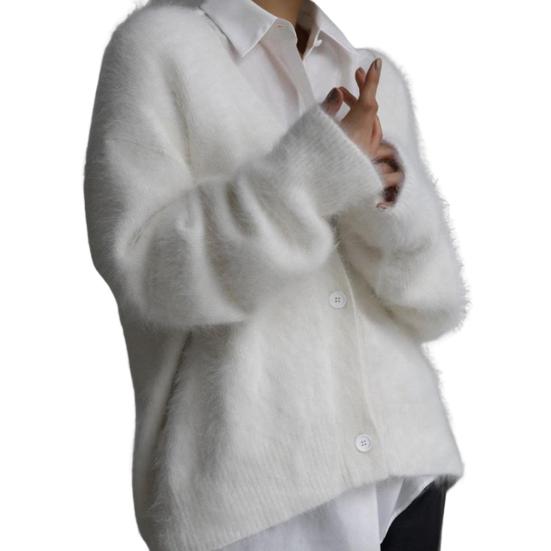 Women Knitting Coat V-Neck Long Sleeve Solid Color Single Breasted Sweater Coat Loose Fit Stretchy Outwear