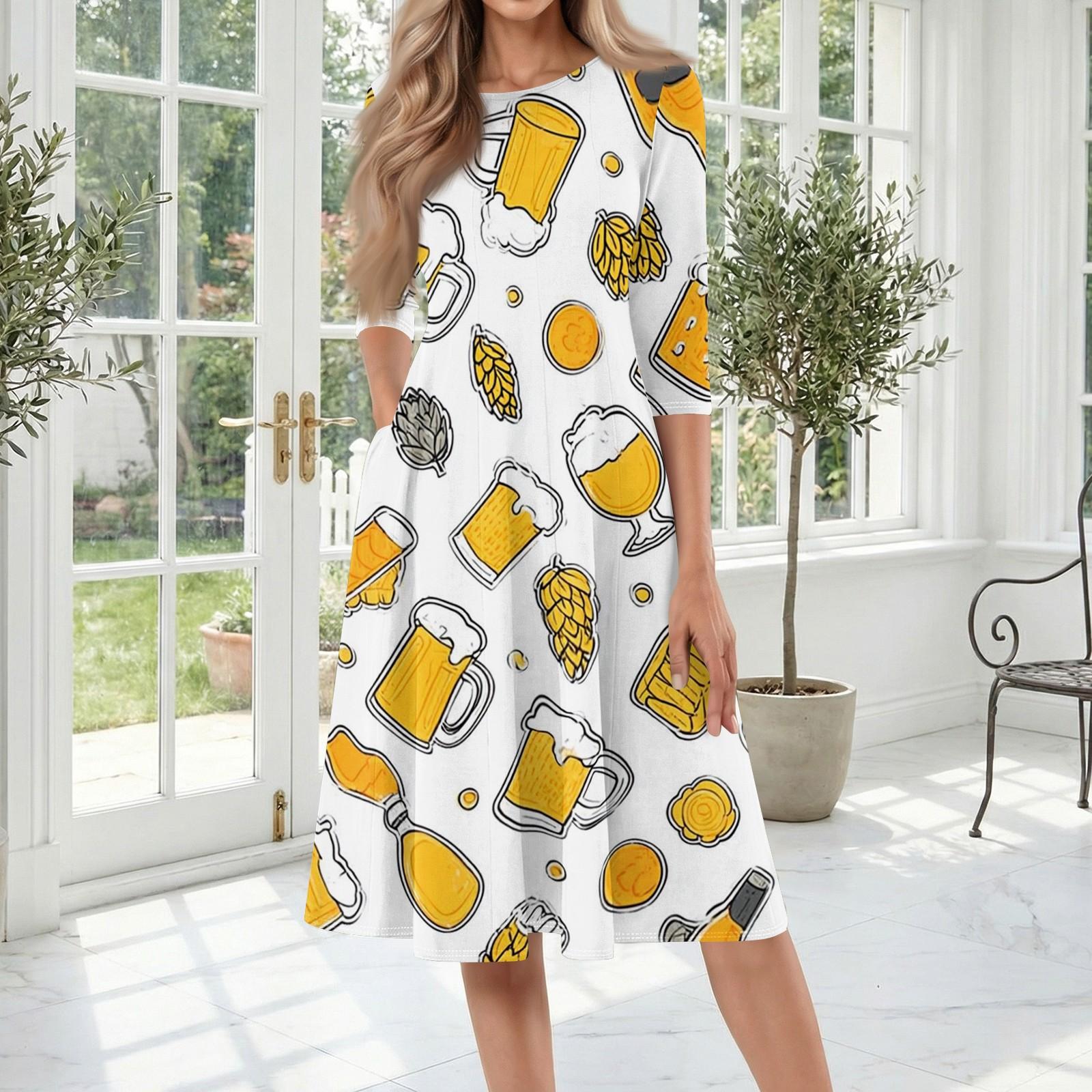 

Women Casual Round Neck Three Quarter Sleeve Mid Length Dress with Printed Design Suitable for Festive and Everyday Wear XXXL білий