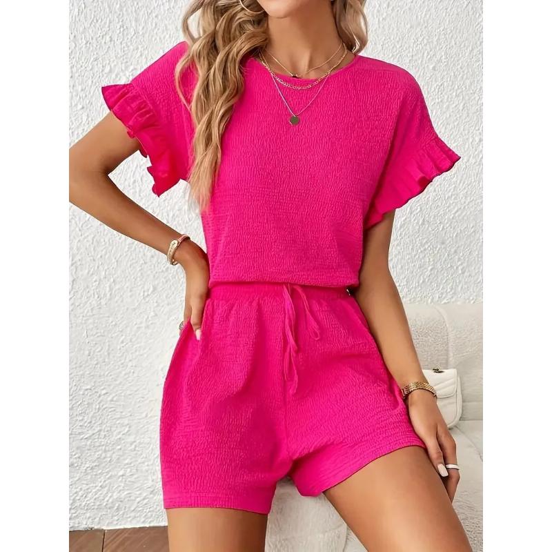 Women's Vacation Fashion Casual Shorts Suit Solid Summer Shorts and Top Two Piece Sets Fashion Fold Texture Outfit Woman Clothes
