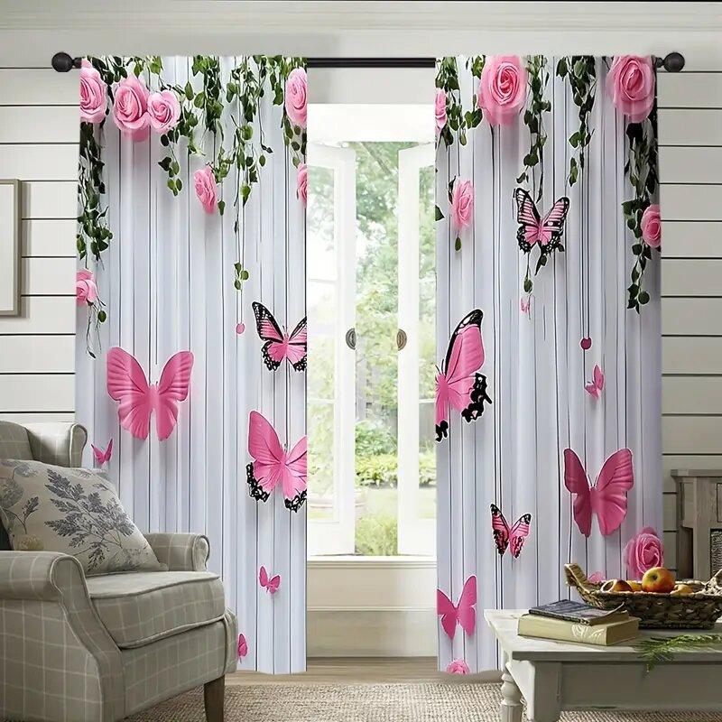 Butterflies and Pink Roses - Pole Bag Curtains, Bedroom and Kitchen Decoration, Home Decoration, Living Room Decoration