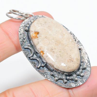 Natural Fossil Coral Gemstone Handmade 925 Sterling Silver Pendant 2.36" A2D20