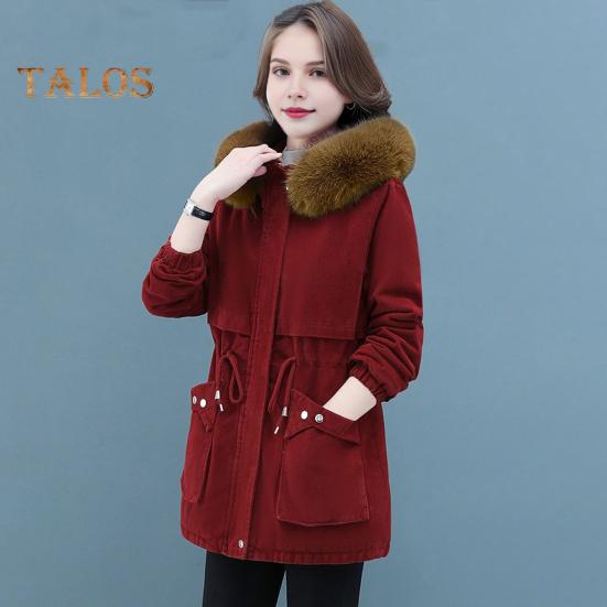 Winter Women Cotton Jacket with Furry Hood with Double Pockets Drawstring Waist Mid Length Zipper Closure Coat Solid Color Windproof Outwear Parka