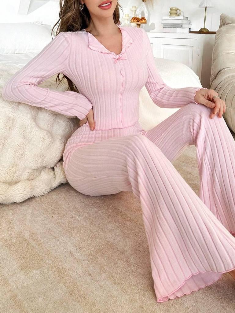 European & American Women's Long Sleeve Pajama Set: Bowknot Casual Fashion, Thickened for Autumn & Winter