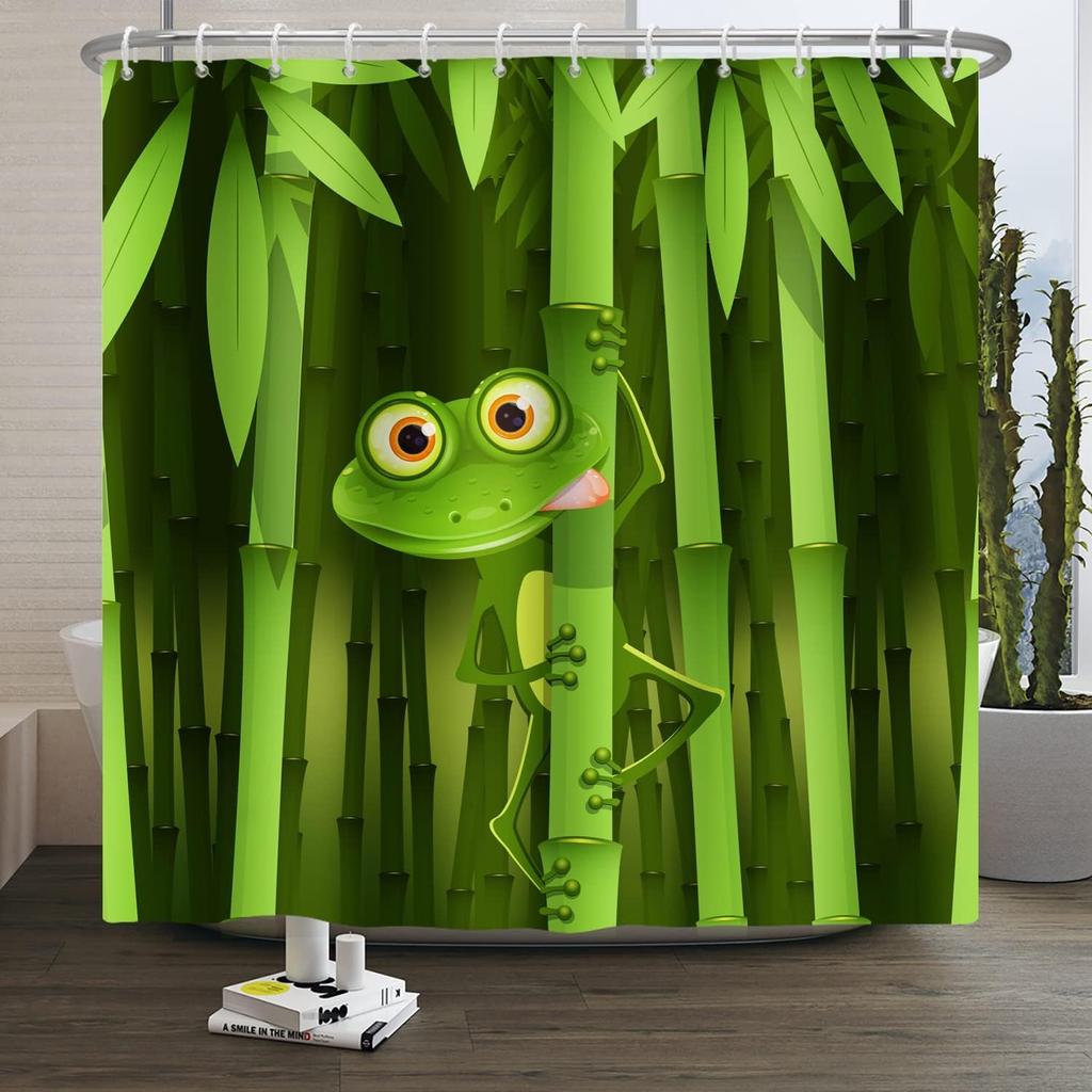 Cute Frog Shower Curtain with Funny Bamboo Cartoon, Animal Abstract Leaf Design Green Bathroom Decor Waterproof Polyester Set