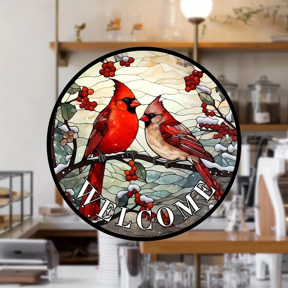 1pc, Cardinal and Holly Berry Welcome Wreath Sign, Winter Rustic Metal Tin Sign, Red Bird Decorative Stained Glass Wall Hanging