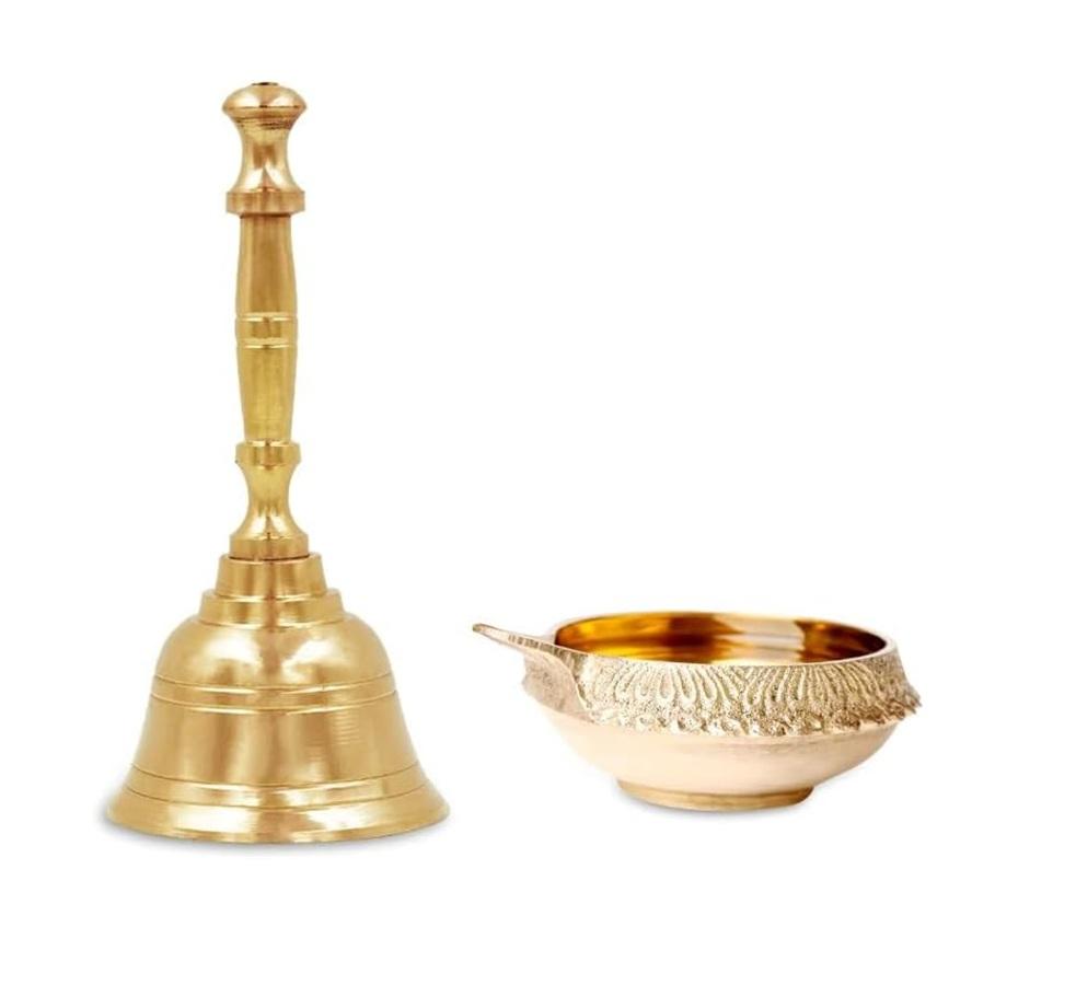 TreegoArt Pure Brass Bell Gol Ghanti With Deep For House For Home Daily Pooja And Temple Prayers - Pack of 2 золотистый