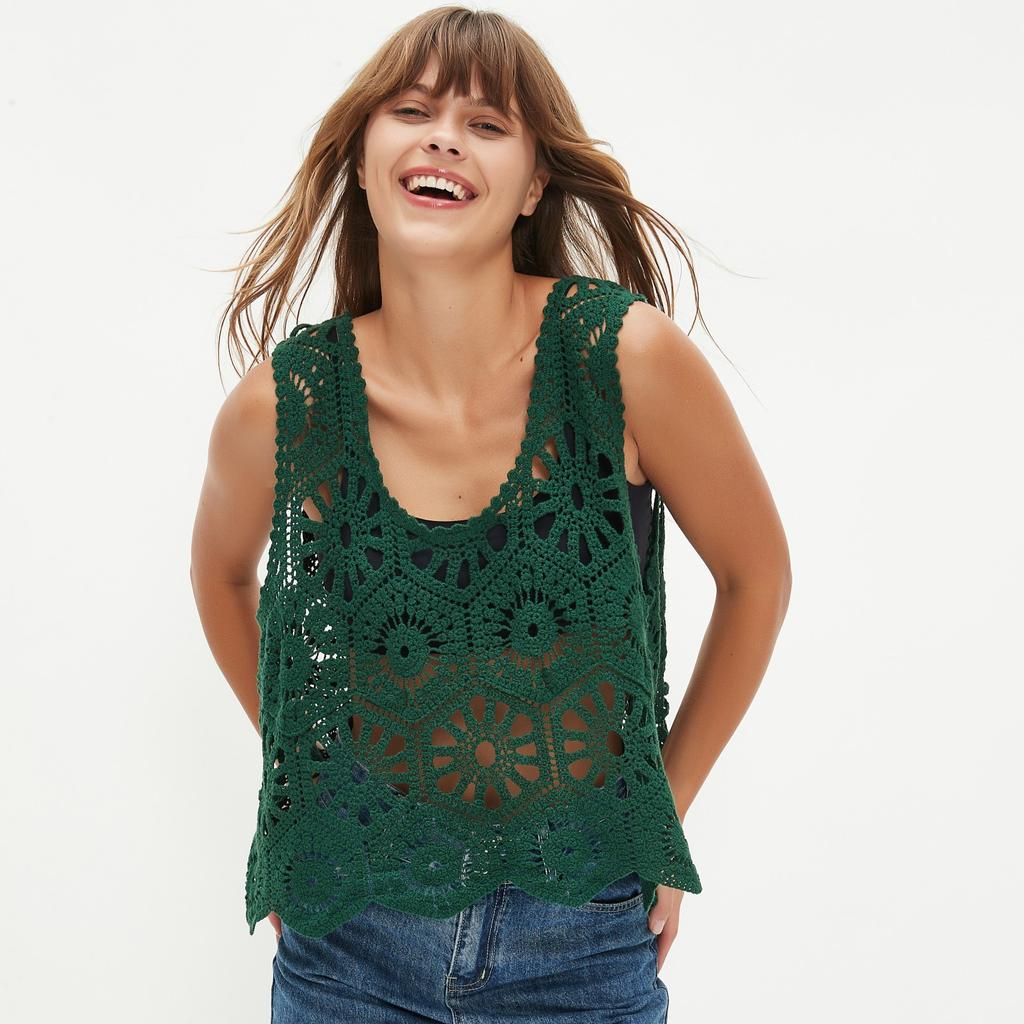 DIMANAF 2025 T-Shirt Women Knitting Lace Vest O-Neck Hollow Summer Style Basic Tops Tees Loose Clothing