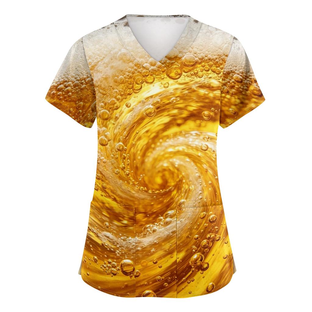 Women's V Neck Short Sleeve Work Shirt with Pockets Beer Festival Print Medical Nurse Scrub Top for Healthcare Professionals