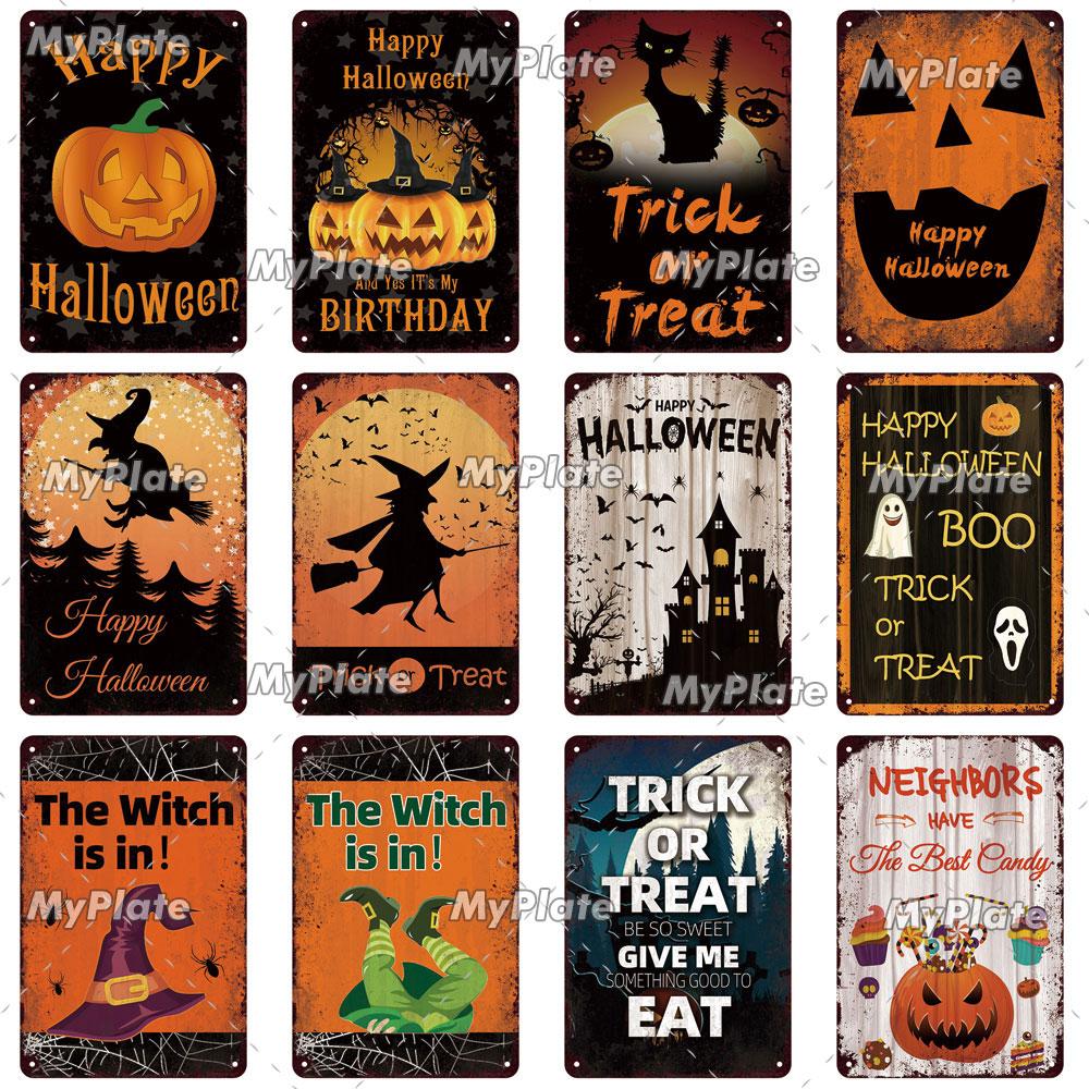 [MyPlate] Halloween Metal Sign Vintage Tin Sign Cafe Bar Decorative Plaque Home Decor Party Wall Sticker Witch Poster Gift