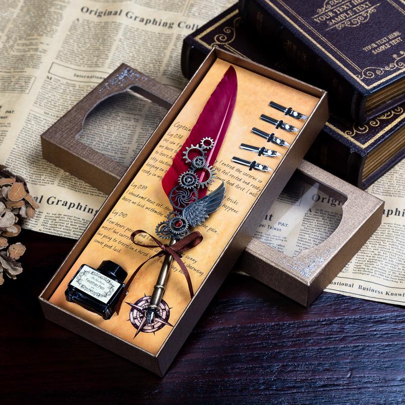 Retro Mechanical Calligraphy Feather Pen and Ink Set Glittering Quill Pen with Antique Dip Pen Metal Calligraphy Set with Ink