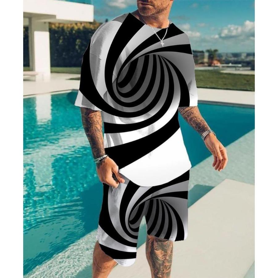 2024 New Men's Round Neck T-shirt Set Printing Optical Illusion Pattern T-shirt Two Piece Set Fashion Men's Summer T-shirt Set