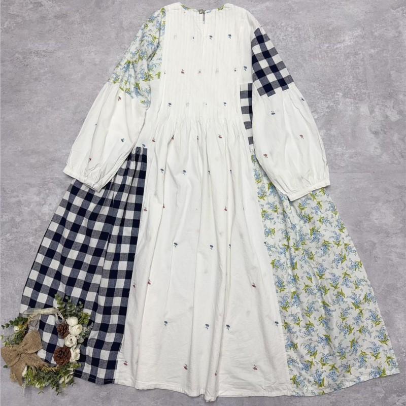 Johnature Japanese Patchwork Checked Floral Pleated Loose Dress Spring Summer O-neck Casual Print Women Dresses