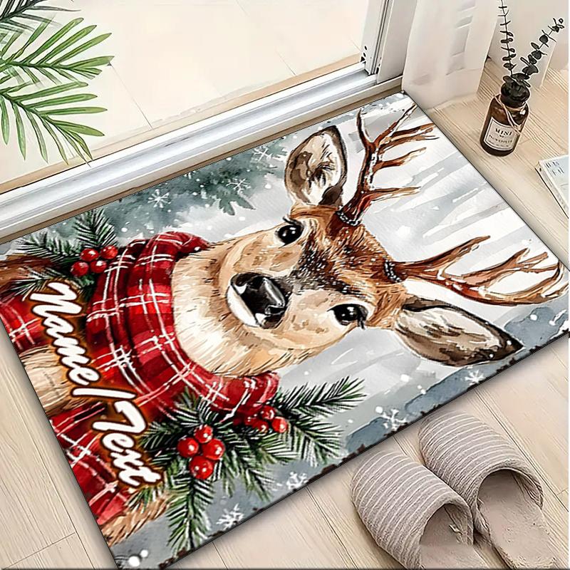 1PC Custom Name Winter Deer Plaid Theme Floor Mat Ideal for Living Room, Game Rooms, Office, Bedroom,Floor Mat Playful Design