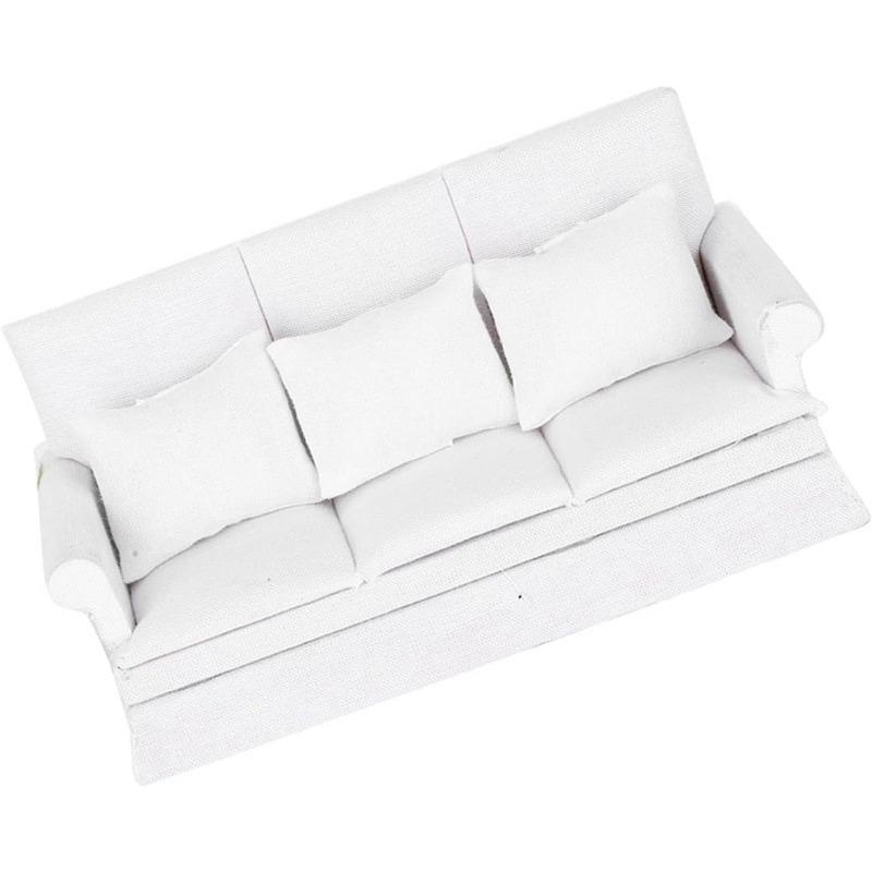 Mini Wooden Dollhouse Sofa 1:12 with 3 Pillows, Highly Simulated Model for Living Room Decoration