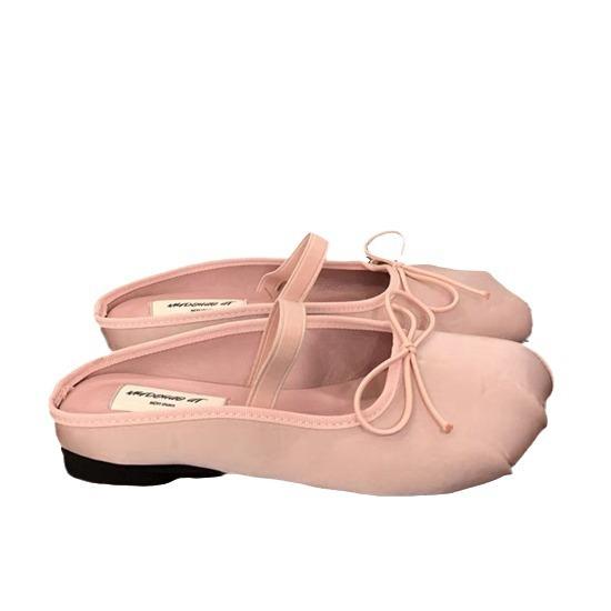 Růžová taška s plochou mašlí, poloviční pantofle, dámská obuv na nošení, jaro a léto 2025, baleríny Mary Jane