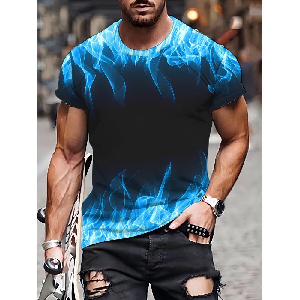 One Summer Essential 3D Blue Flame Printed T-Shirt Vibrant Graphic Tee Daily Wear Casual for Outdoor Activities Summer Vacations