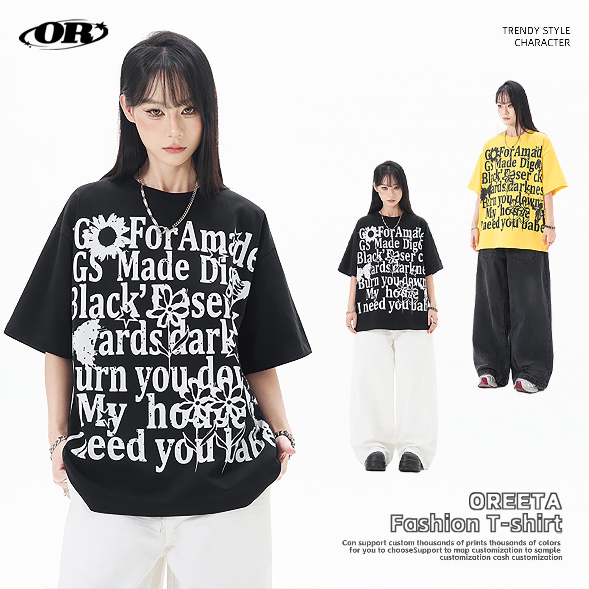 

OREETA 2025 Spring Unisex Letter Print Oversized T-shirt XL чорний