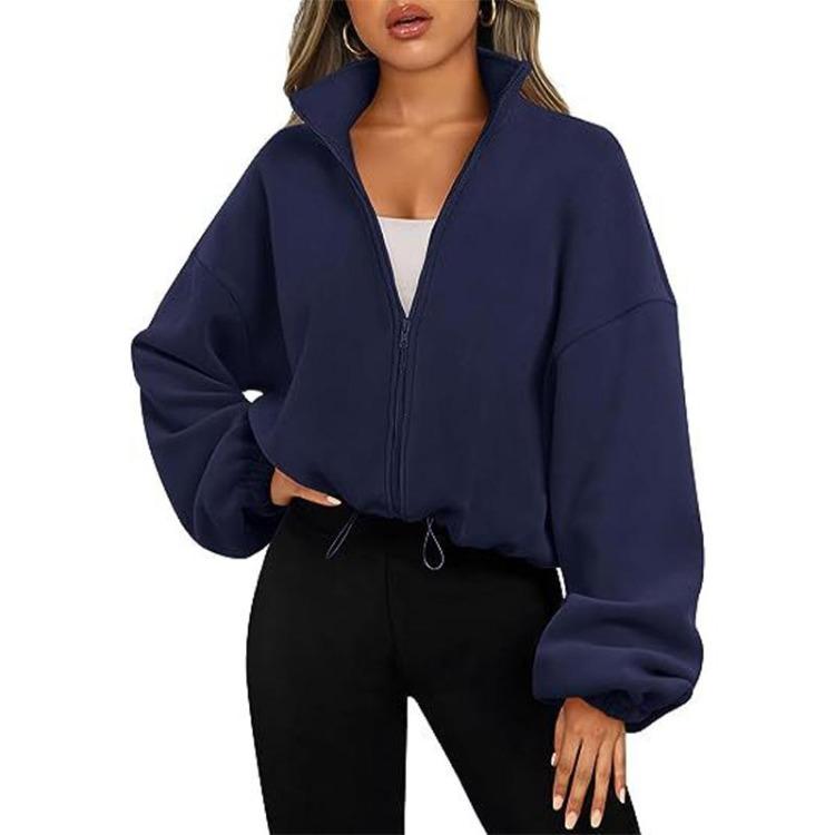 Women Solid Color Velvet Sporty Casual Coat Top Stand Collar Zipper Sweatshirt