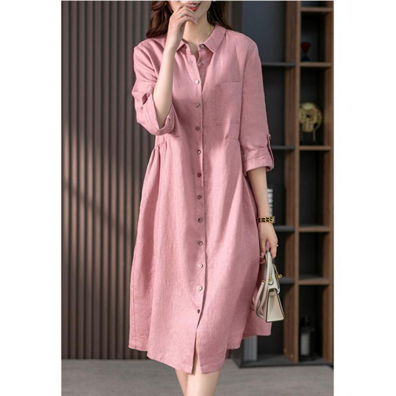 2025 Spring/Autumn Artistic Casual Loose Plus Size Women's Linen Slimming Shirt Dress