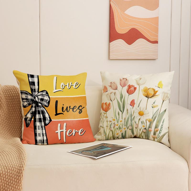 Floral Print Pillow Cover Spring Living Room Decor Sofa Cushion Linen Simple Versatile Car Cushion Cover