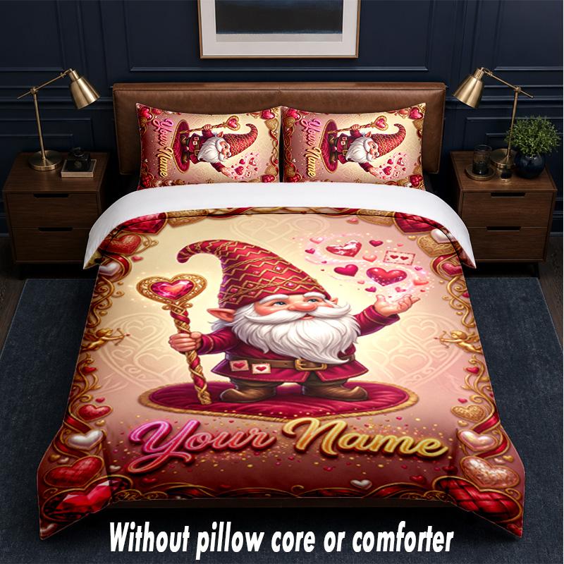 Gnome Theme Custom Text Or Name 3Pcs Bedding Set,1 Flat Sheet & 2 Pillowcases Personalized Home Bedding
