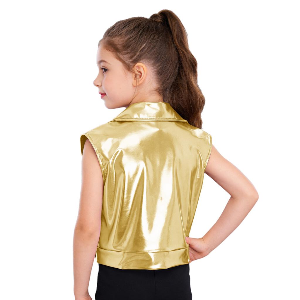 Colete jaqueta metálico brilhante unissex para crianças, com gola virada, sem mangas, peça de outer wear