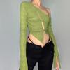 Spring 90s Vintage Fashion Button Tee Y2K Streetwear Women Mesh Sheer Sexy Hollow Crop Top Long Sleeve T-shirt Summer
