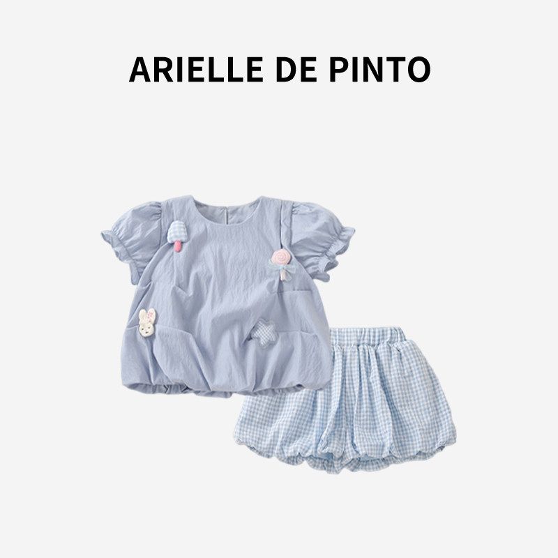 French Arielle De Pinto Girls  Summer Stylish and Fashionable Short-Sleeved Two-Piece Set for Baby Girls Blue 120