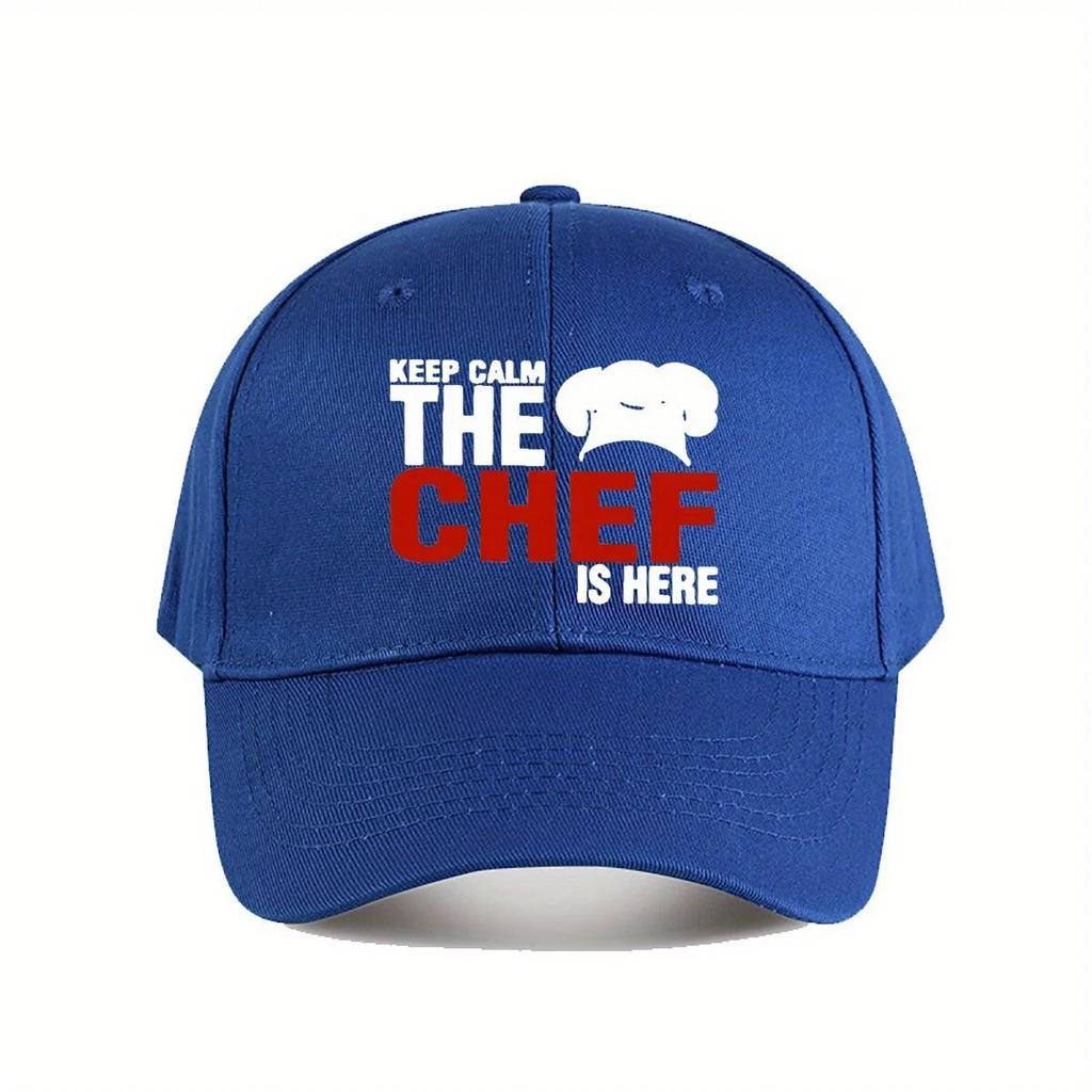 Keep Calm The Chef Is Here Funny Baseball Cap Adjustable Snapback Hat for Unisex Women Navy Blue with White Text