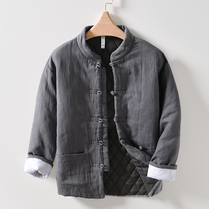 Autumn and Winter Warm Jackets for Men Chinese Style Traditional Buckle Padded Jacket Casual Stand Collar Cotton Linen Thicken Parkas Coat