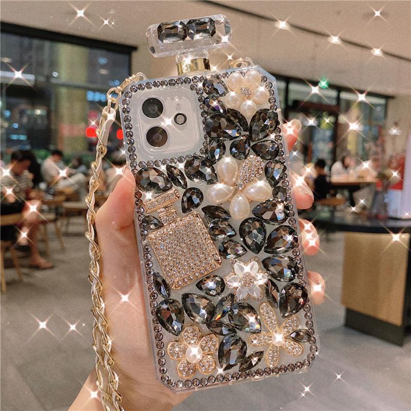 Luxus Bling Kristall Diamant Parfüm Flasche Abdeckung für Samsung S24 S23 S22 Ultra S10 S20 Plus Note20 Ultra Fall für iphone 15 14 13 11 Pro Max