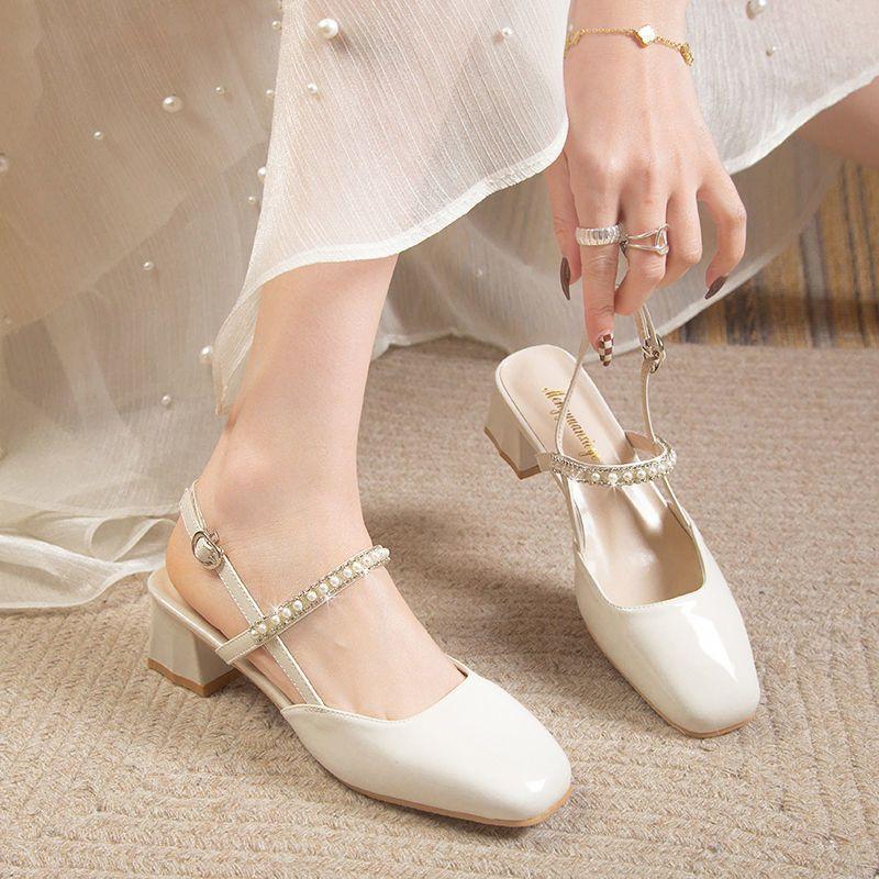 Baotou single shoes pearl chain year spring and summer air rear high heel sandals pure thick heel square head