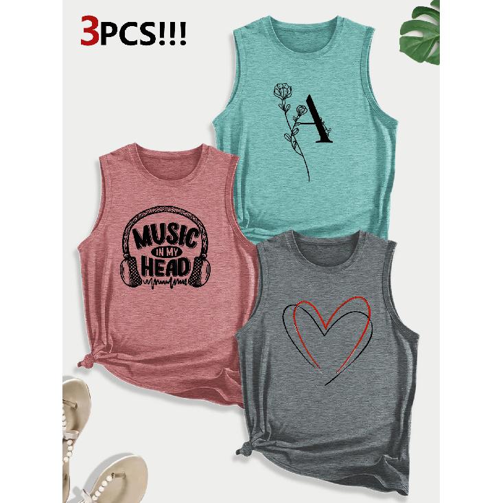 Music-themed Letter and Heart Combination Gift Print Pattern Round neck3Pack of Sleeveless Vests for Women In Spring, Summer, and Autumn