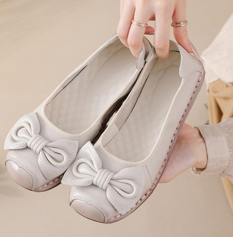 Fashion New Cow Leather Shoes Woman Luxury Bowknot Ballet Flats Women's Shallow Slip On Moccasins Mother Comfortable Autumn Flats Shoes