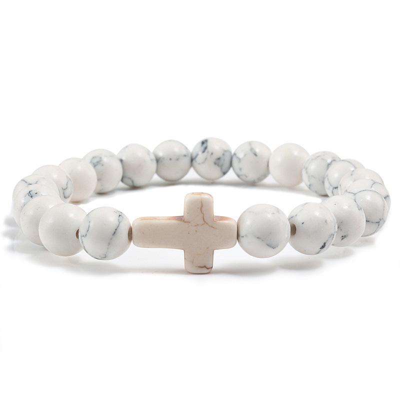 Turquoise Cross Elastic Yoga Bracelet with Black Volcanic Stone