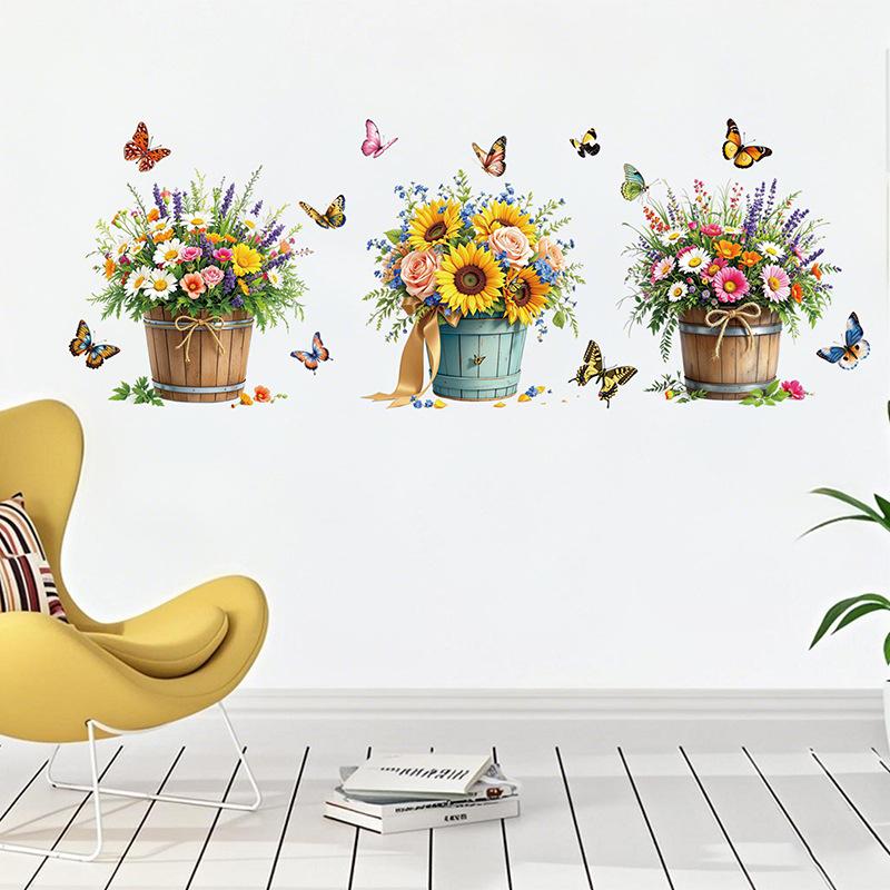3D Wooden Barrel Wall Sticker Flower Decoration Butterfly Lavender Rose Tile Sticker Kitchen Restaurant Background Home Decor Peel and Stick