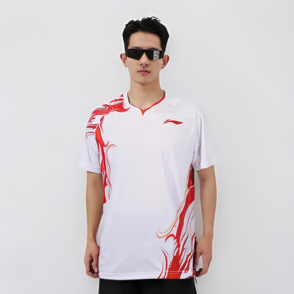 Li Ning Badminton Series Logo Print Straight Cut Quick-Dry T-Shirt Unisex Tops Standard-White AAYU231-2