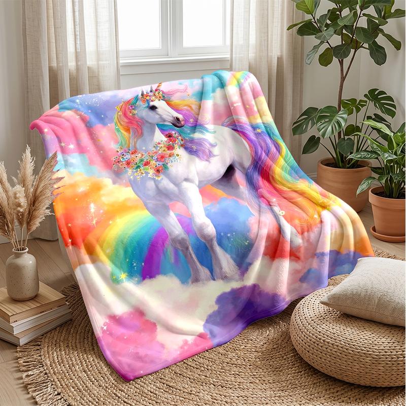 Rainbow unicorn with flowers Theme blanket Lightweight Warm Flannel Blanket Decorative Throw Blanket for Home Decoration