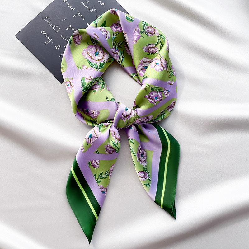 Silk Satin Handkerchief Women Neck Scarves Floral Print Headbands Hijab Scarfs 70cm Small Shawls Wraps Bandana Head Scarf Purple