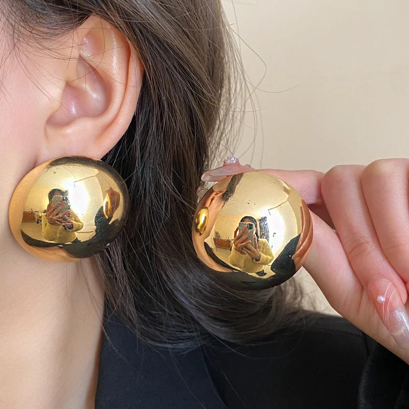 Smooth Round Earrings For Women Big Ball Metal Stud Earrings Classic Gold Color Geometric Earrings Vintage Jewelry Accessories