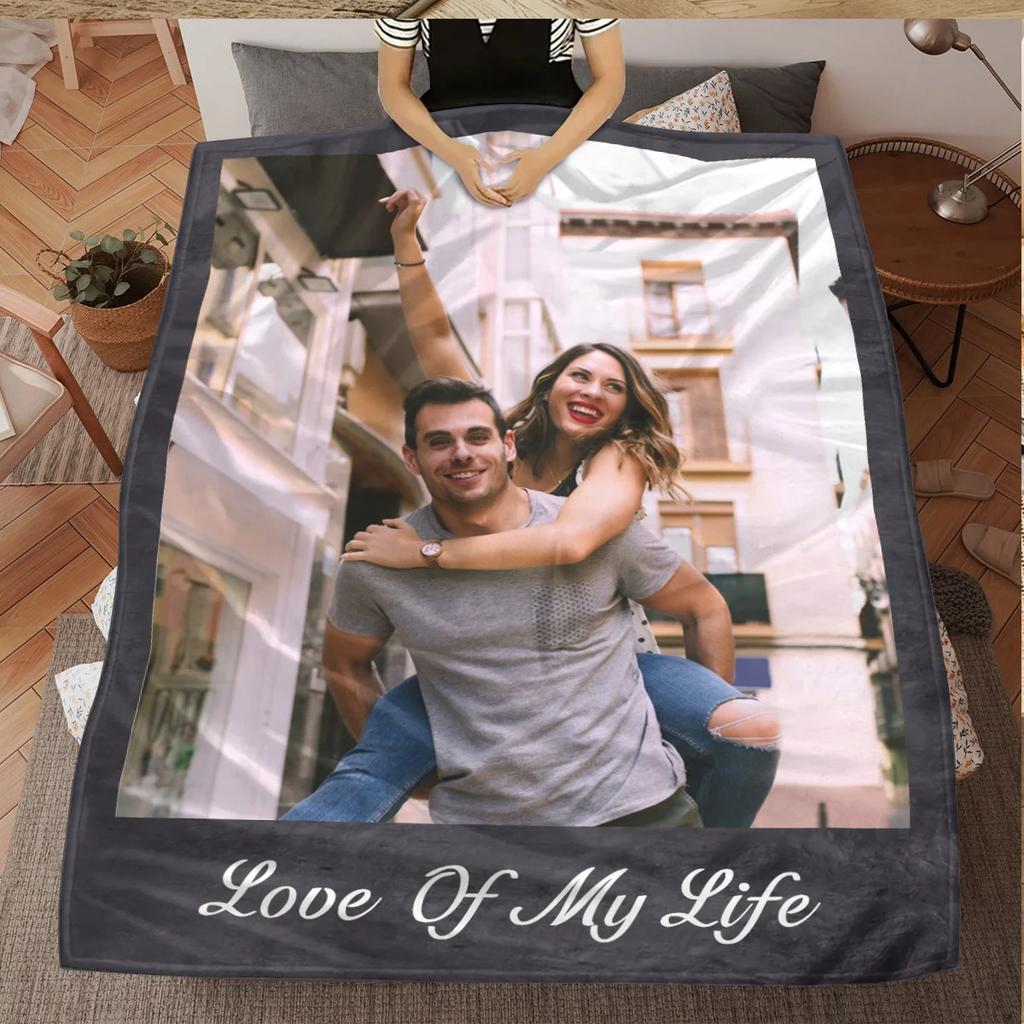 1 Piece Customized Photo Frame Couple Photo Blanket, Personalized Gift for Wife, Husband, Girlfriend, Boyfriend for Sofa, Bed, O