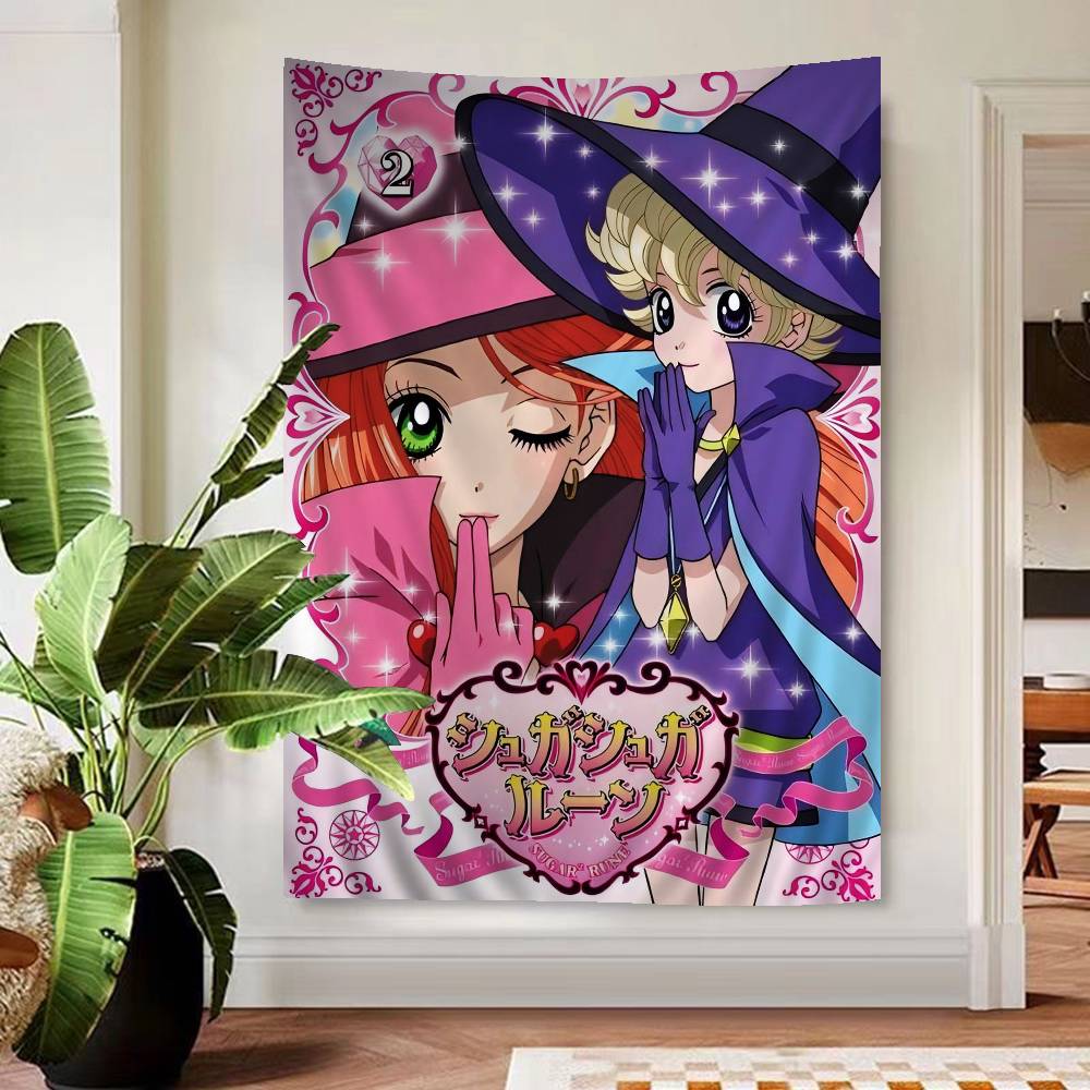 Anime Sugar Sugar Rune Colorful Tapestry Art Printing Japanese Wall Tapestry Anime Wall Hanging Home Decor